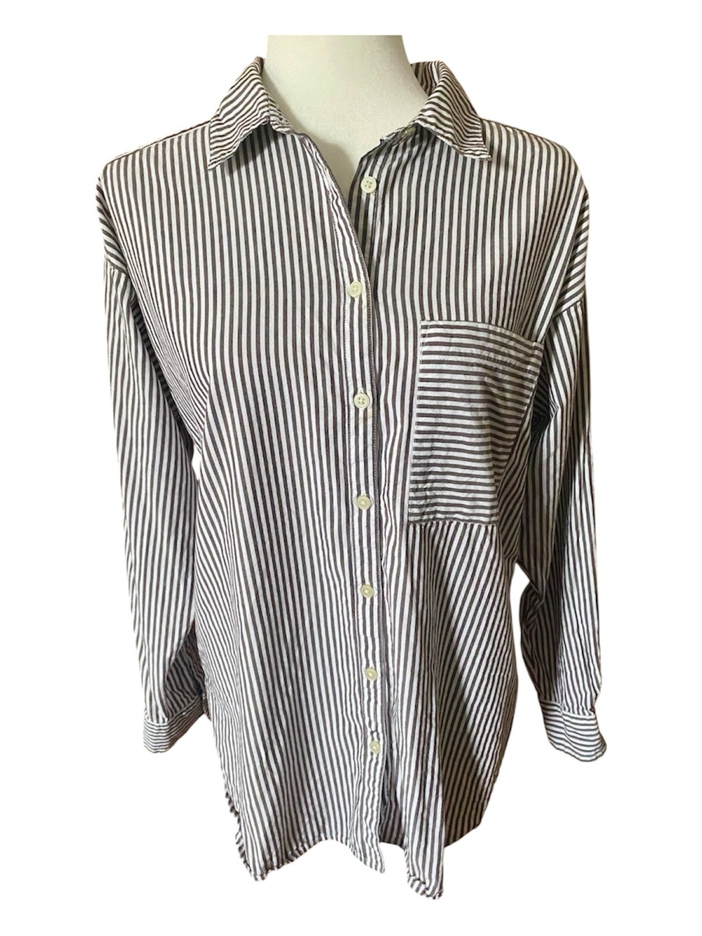 LOFT Gray White Striped Oversized Button Down High Low Shirt Size M